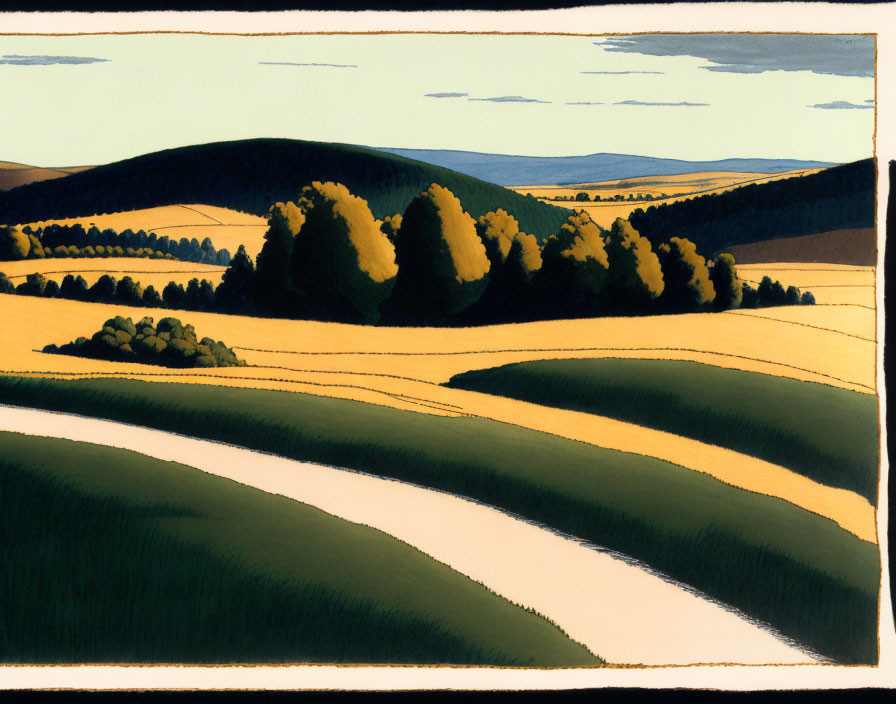 Stylized landscape with rolling hills, fields, trees under bright sky