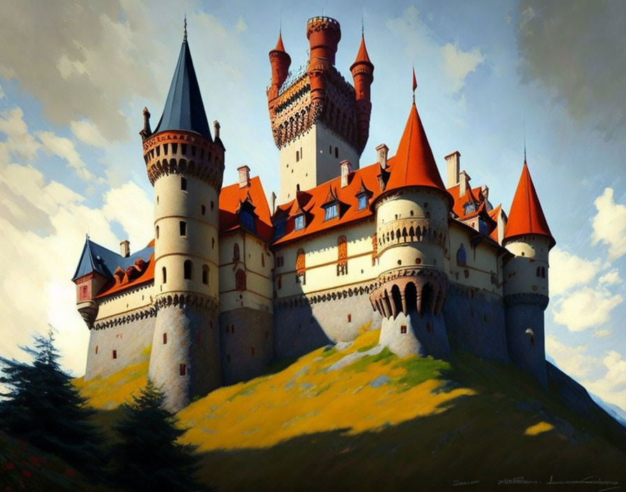 Majestic castle with spires and turrets in lush landscape at sunrise or sunset