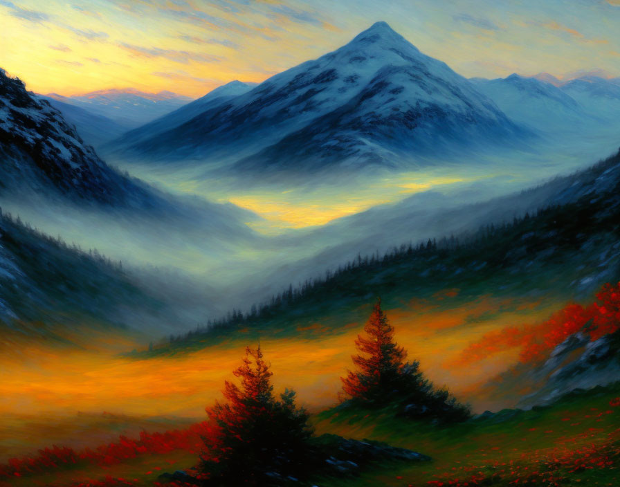 Mountain sunrise painting with misty valley and red foliage