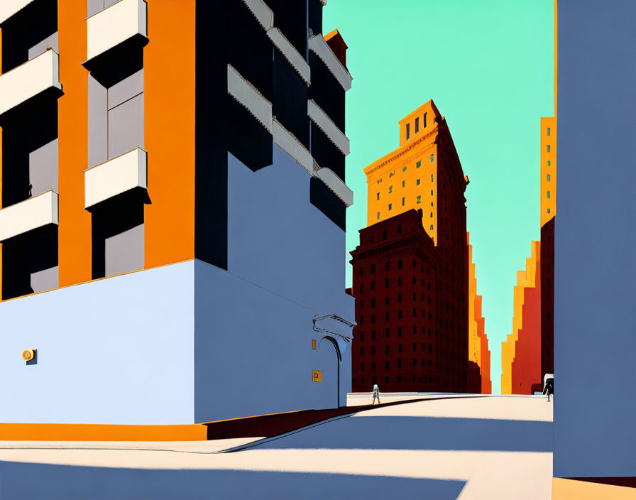 Colorful digital artwork of urban street with exaggerated shadows