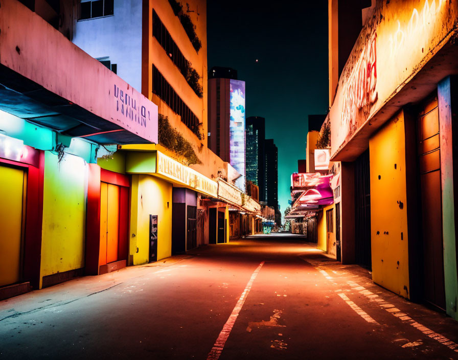 Colorful neon-lit urban alley at night with deserted pathway