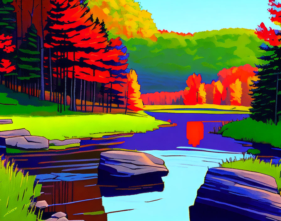 Colorful Autumn Landscape with River and Trees