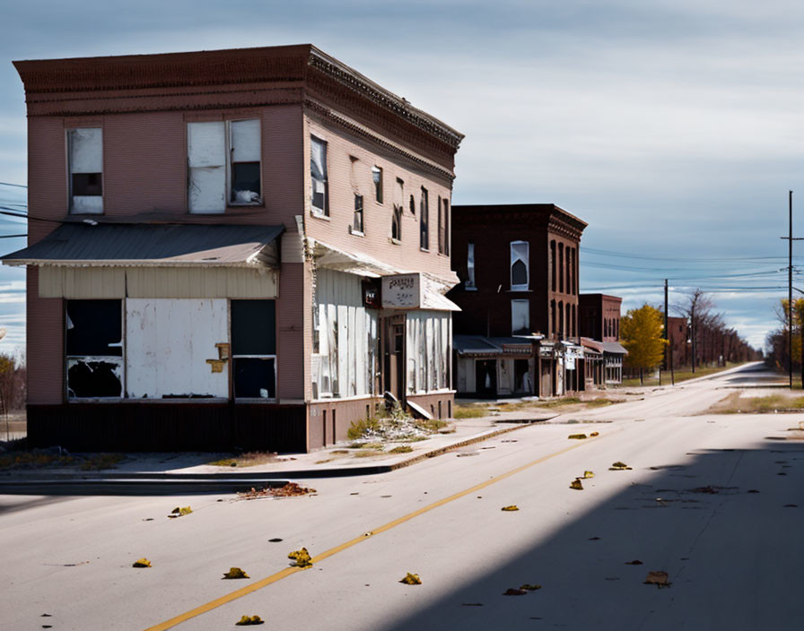 Desolate street scene with dilapidated buildings and scattered leaves