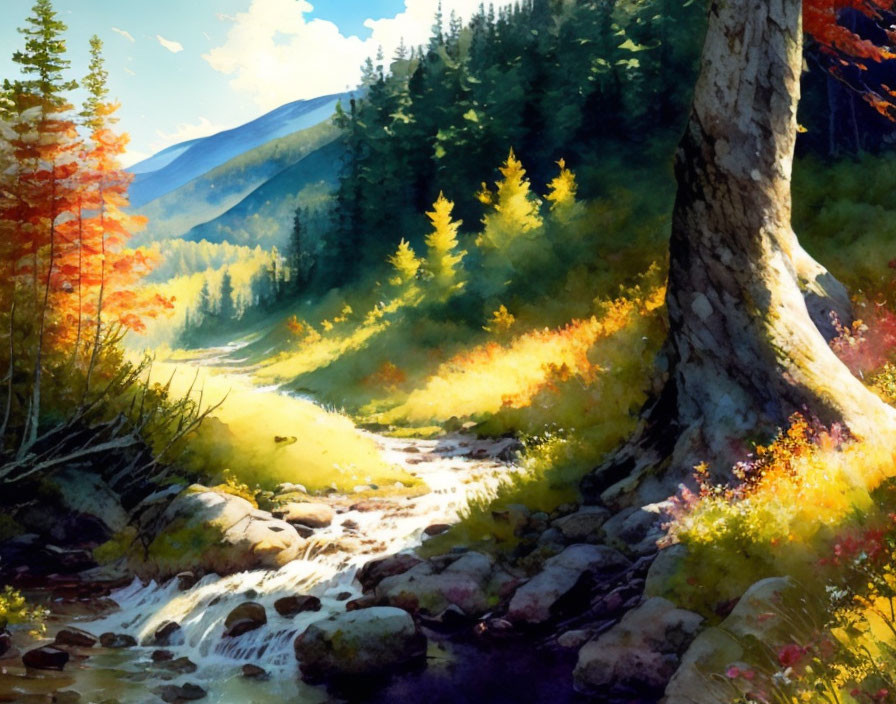 Colorful Sunlit Forest Scene with Creek and Autumn Foliage