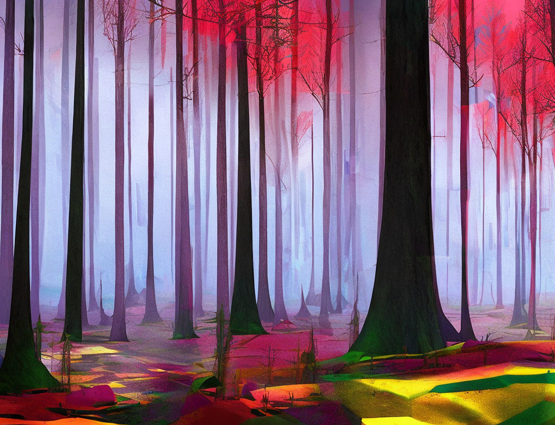 Colorful Stylized Forest Scene with White Tree Trunks