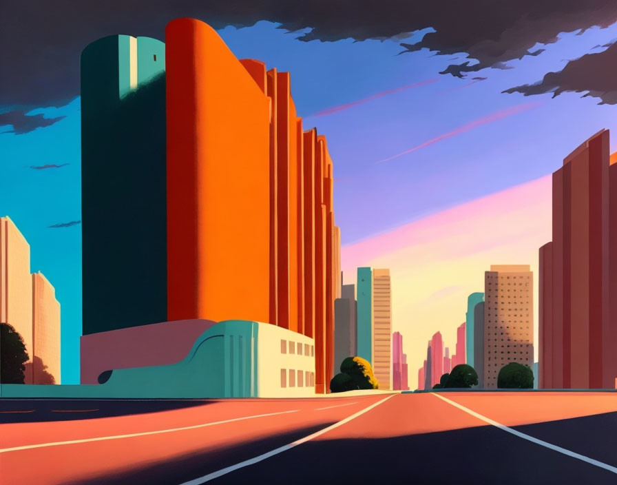 Vibrant cityscape illustration at sunset with bold shadows