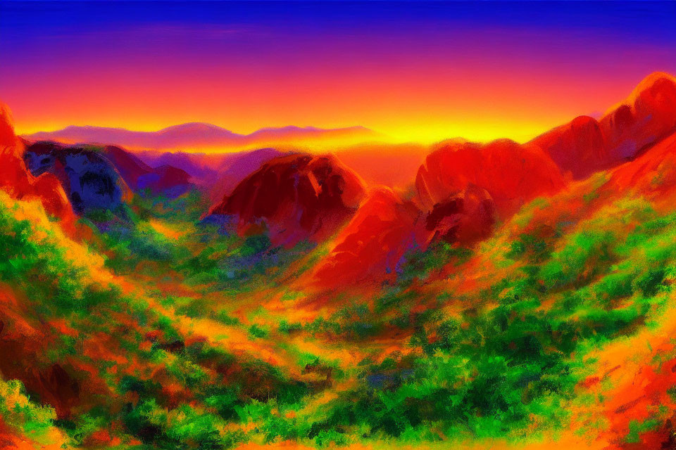 Colorful Digital Painting of Red Mountains at Sunset