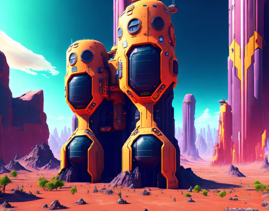 Orange futuristic robots in desert alien landscape with tall rock formations