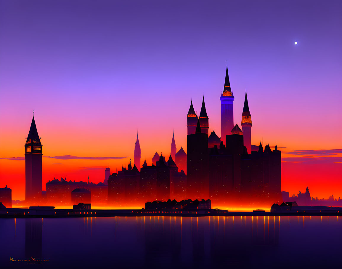 Silhouetted castle against sunset sky with orange light on water