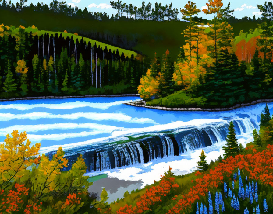 Colorful Autumn Trees and Waterfall in Bright Landscape