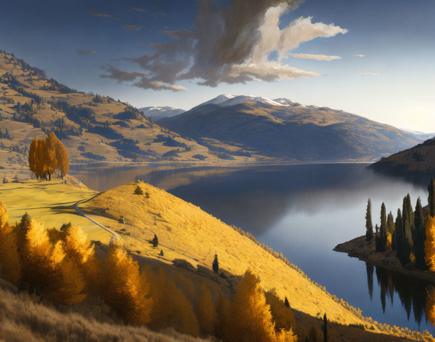 Serene Lake Reflecting Golden Autumn Foliage & Mountains