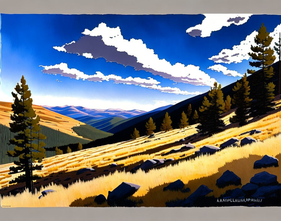 Vibrant stylized landscape painting with trees, mountains, fields, and sky