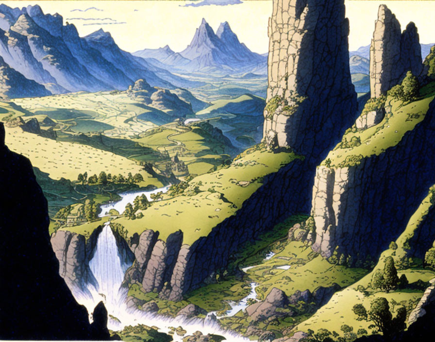 Scenic animated valley with waterfall, river, village, cliffs, and mountains