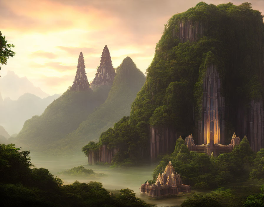 Mystical landscape: towering green mountains, ancient castle ruins, serene river under warm sunrise