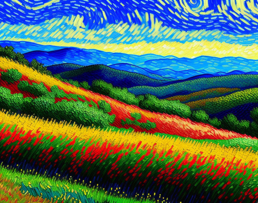 Vibrant landscape painting with swirling sky and colorful fields