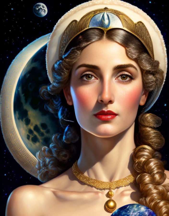 Illustrated cosmic woman with moon and planets headpiece in celestial theme