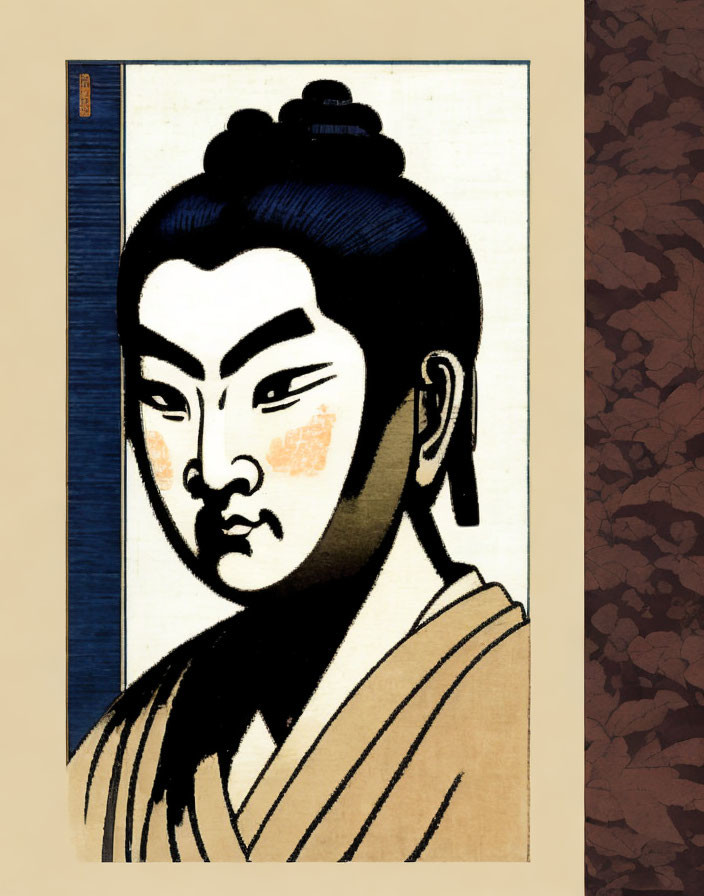 Traditional Japanese woodblock print featuring person with topknot against floral background