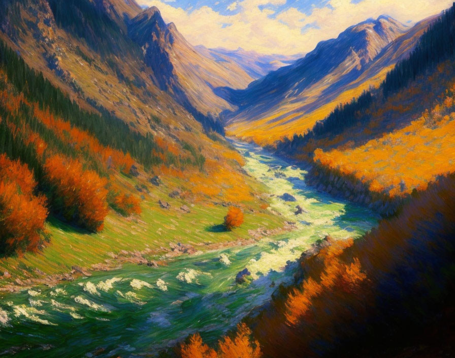 Scenic painting of autumnal mountain valley with river