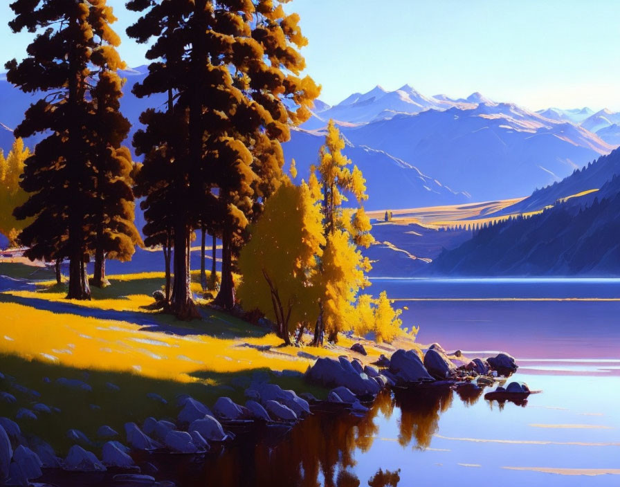 Tranquil lake scene with yellow trees and distant mountains