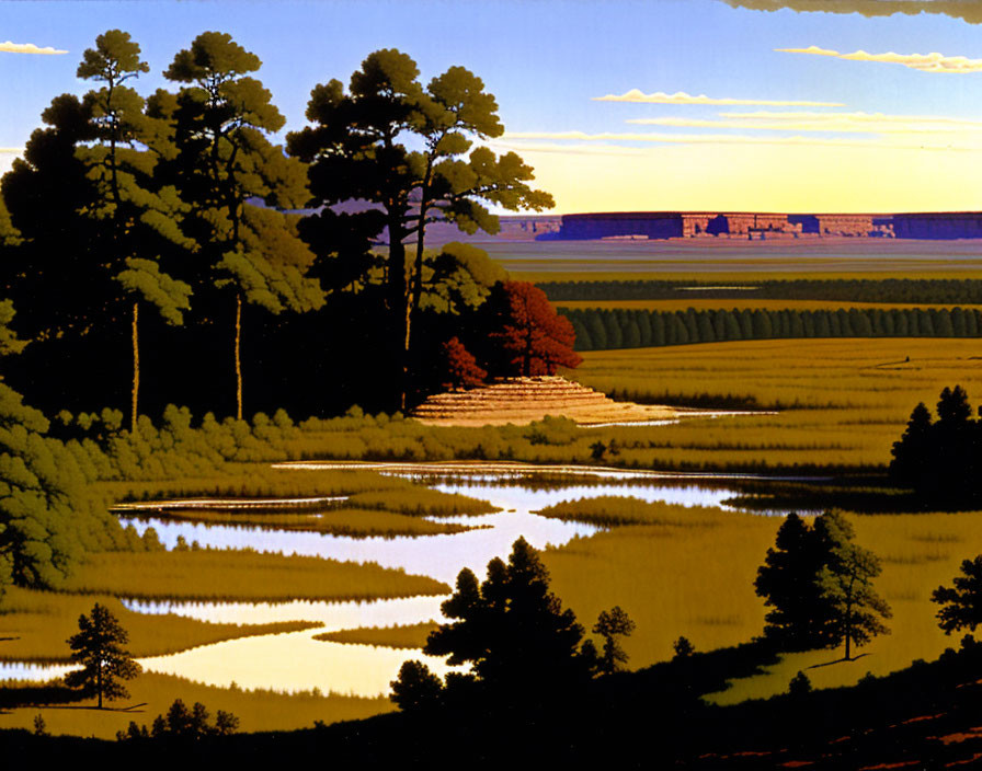 Tranquil landscape with pine trees, calm waters, and distant mesas