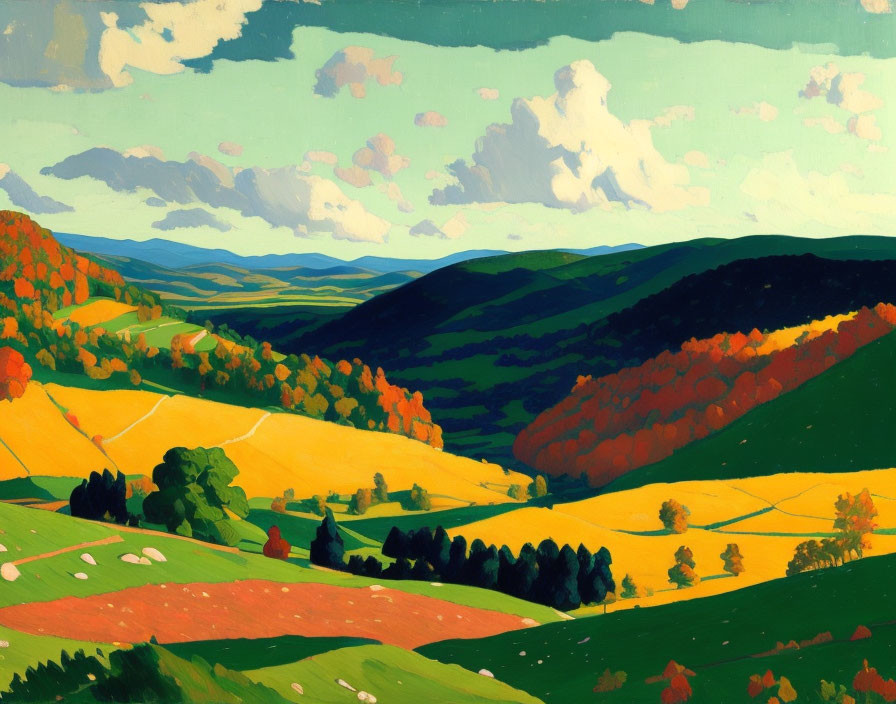 Colorful landscape painting: rolling hills, vibrant trees, patchwork fields under sunny sky