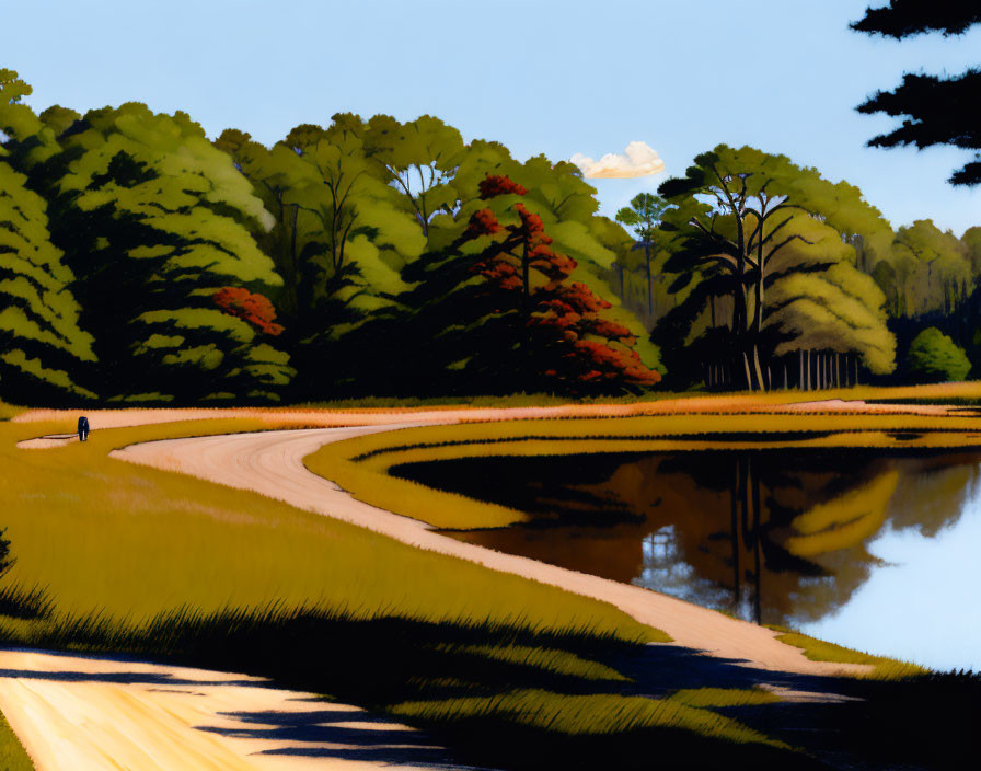 Person walking along curved path by still lake with autumnal trees and blue sky