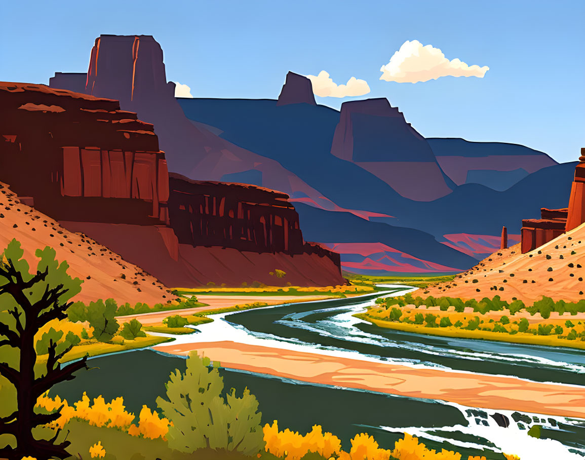 Desert canyon river illustration with red rock formations