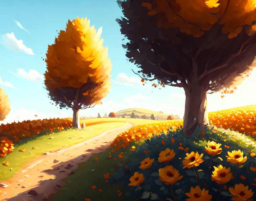 Vibrant autumn landscape with sunflower fields and golden trees