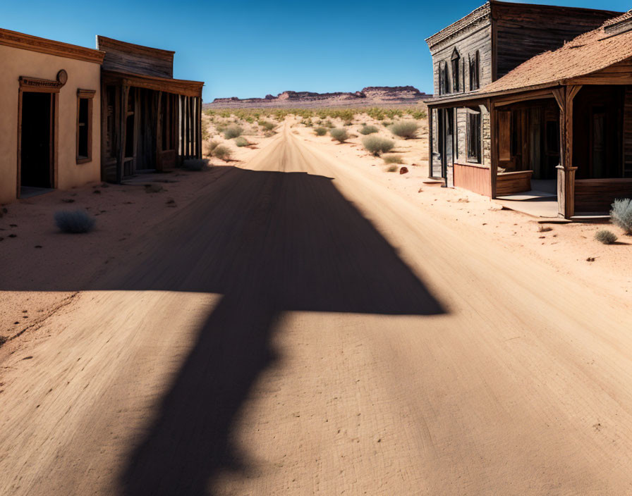 Desert Wild West town with dusty road and old buildings