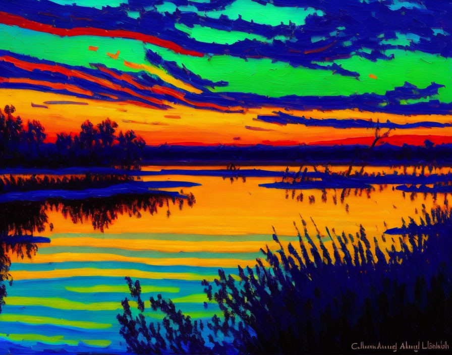 Colorful Sunset Landscape Painting with Water Reflections