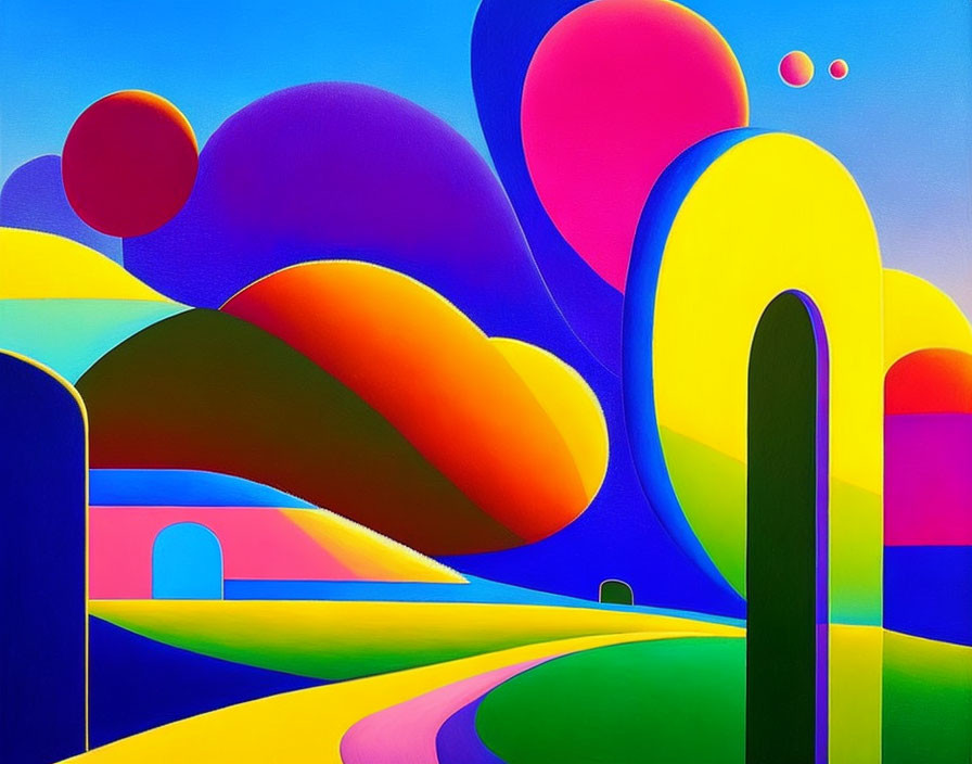 Vibrant Abstract Landscape with Smooth Shapes and Contrasting Hues