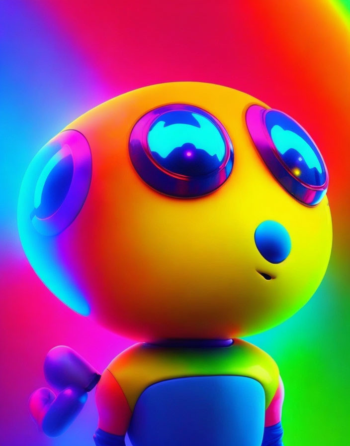 Vibrant, whimsical robot with large eyes in colorful lighting