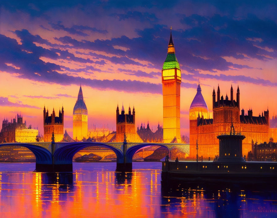 Vibrant London skyline at sunset with Big Ben and Westminster Bridge reflected.