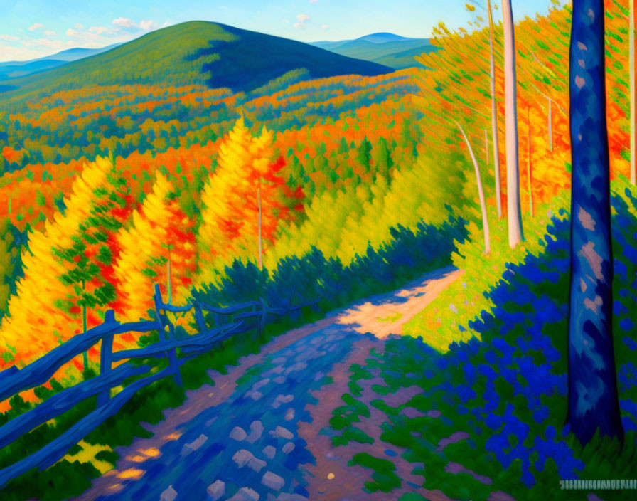 Colorful autumn forest painting with winding trail and rustic fence