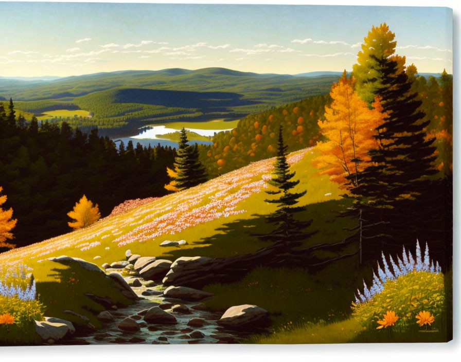 Colorful Autumn Landscape Painting with Trees, Lake, and Stream