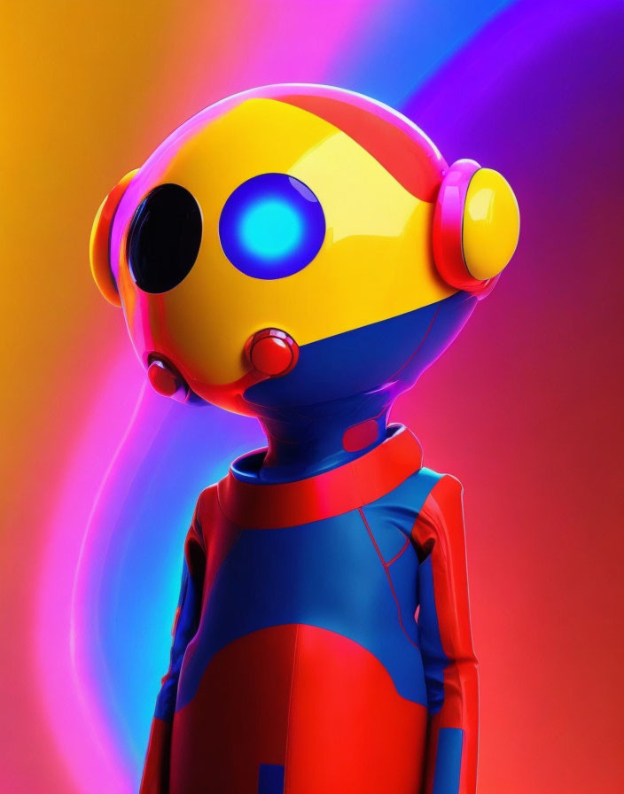 Vibrant humanoid robot with large helmet head on colorful background