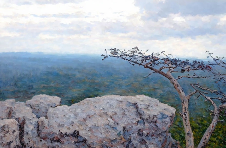 Impressionist-style painting of rugged cliff with wind-swept tree.