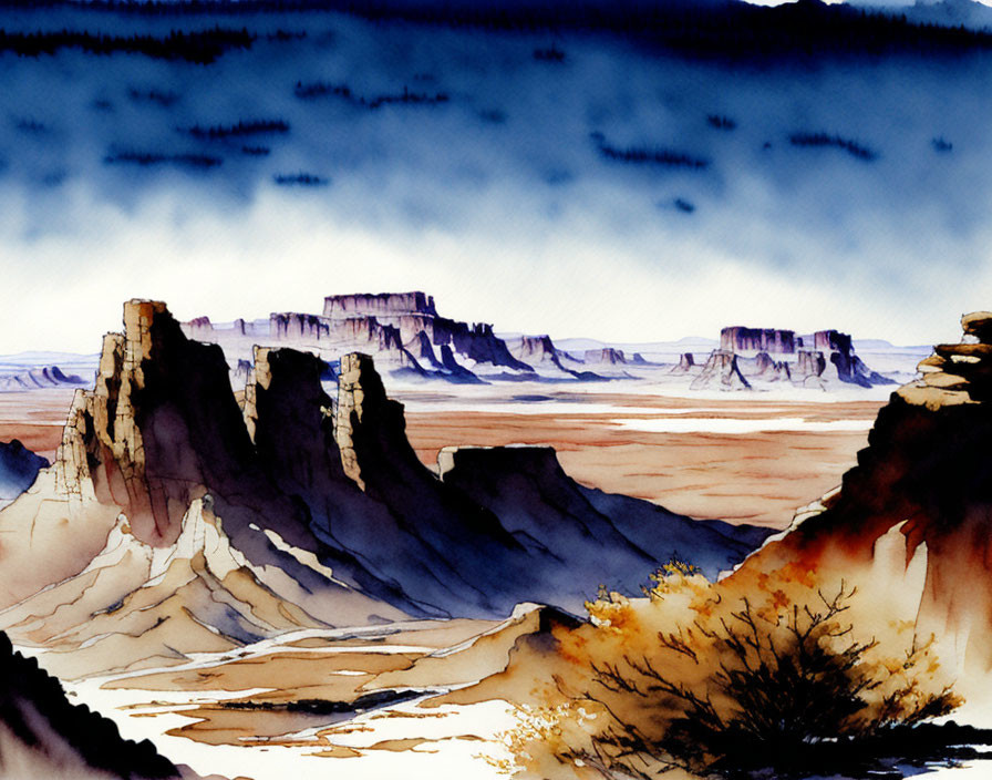 Desert Landscape Watercolor Painting with Mesas and Sky