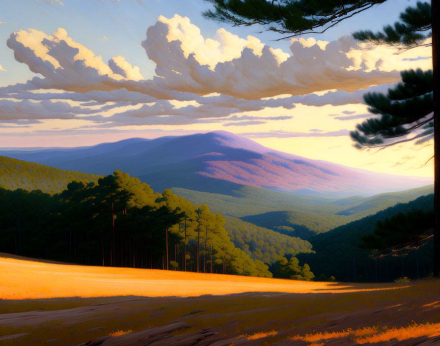 Mountain landscape painting: sunrise, warm light, pine trees, dramatic sky