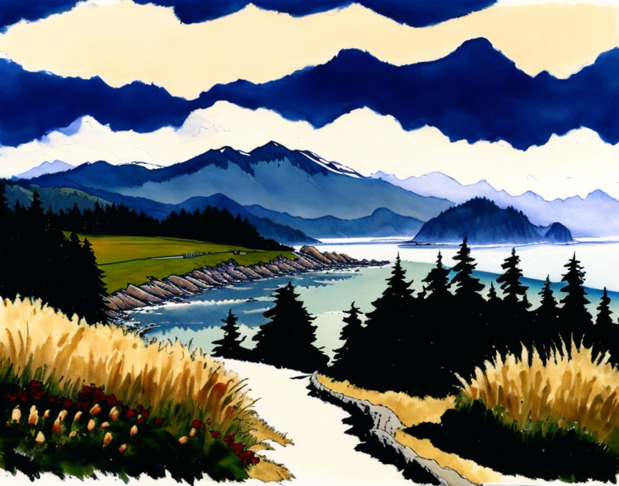 Coastal landscape painting with mountains, beach, and dark clouds