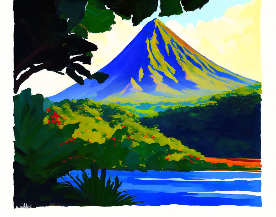 Colorful painting of conical mountain, green foreground, blue river, yellow sky