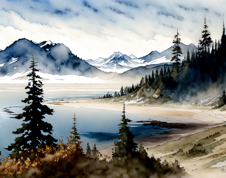 Tranquil watercolor landscape with lake, trees, and mountains