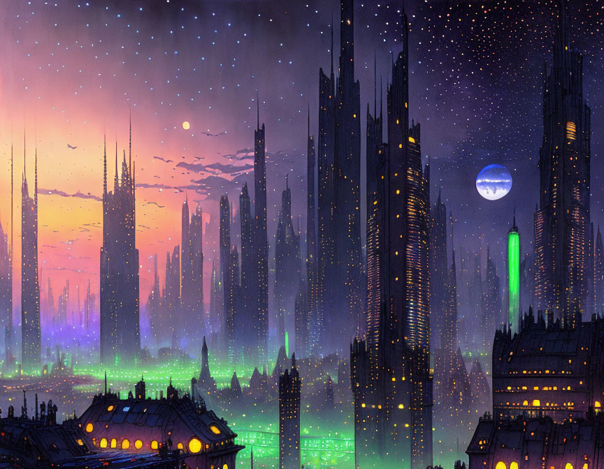 Futuristic night cityscape with skyscrapers, neon lights, starry sky, and large