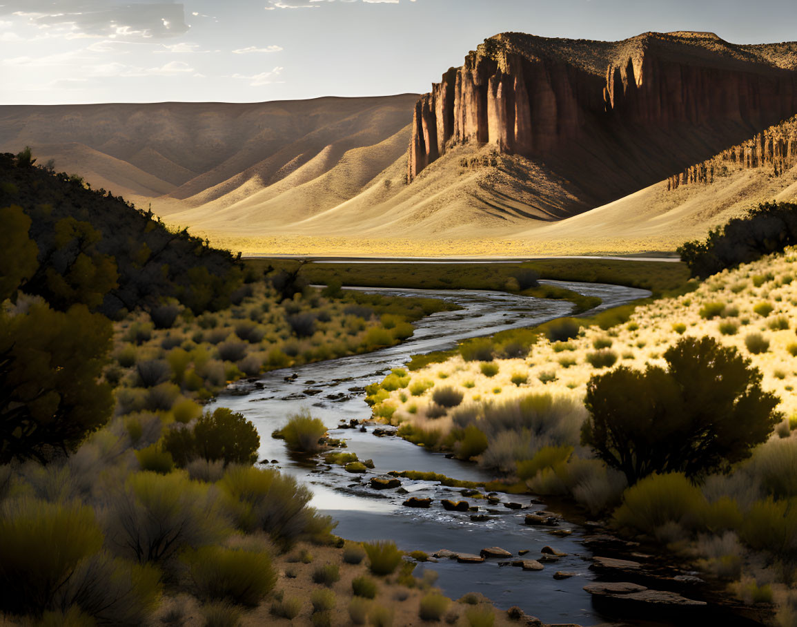 Tranquil river in desert valley with sandstone cliffs