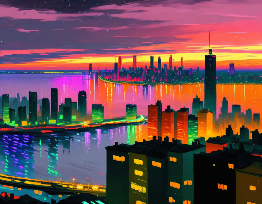 Colorful cityscape at sunset with river reflections, silhouetted skyscrapers, and boat