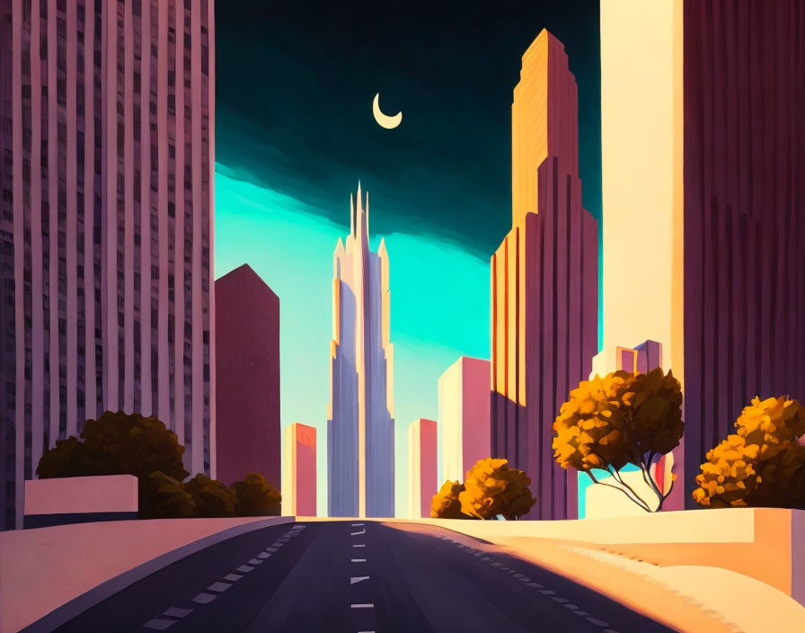 Urban digital art: Road to skyscrapers under twilight sky