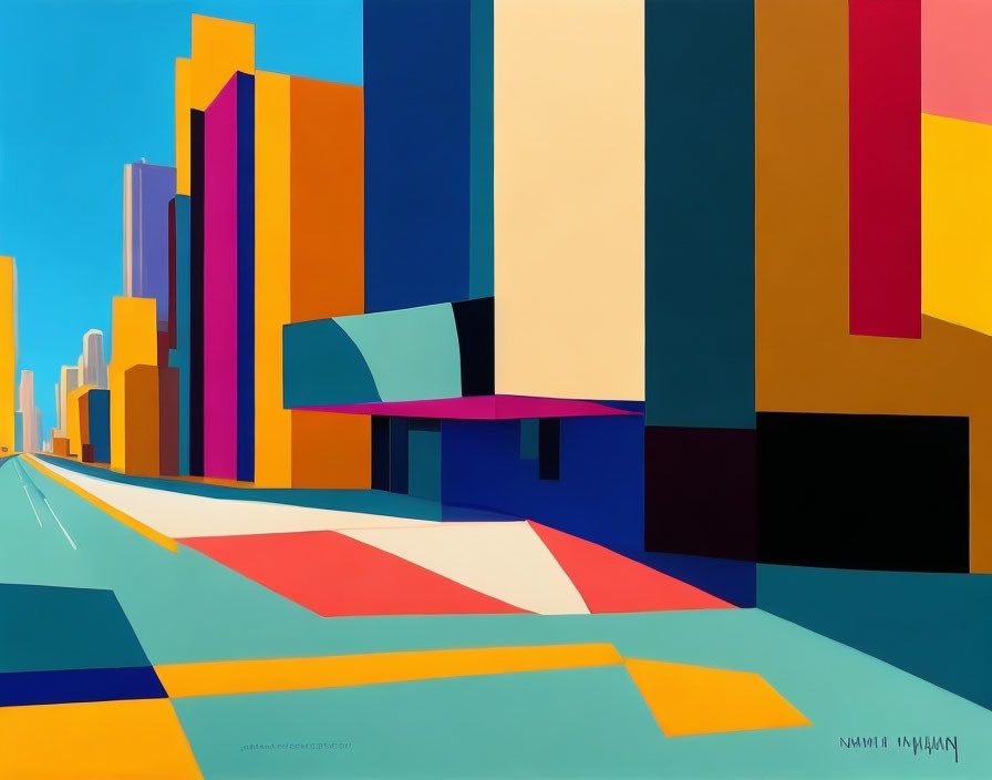 Colorful Abstract Urban Street Painting with Geometric Buildings