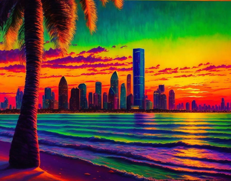 Colorful city skyline sunset with palm trees and ocean reflections