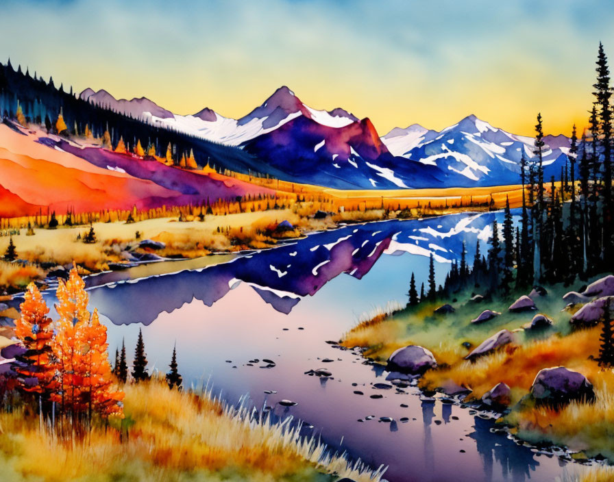 Scenic watercolor landscape: serene lake, mountain reflections, orange foliage, distant purple mountains, evening