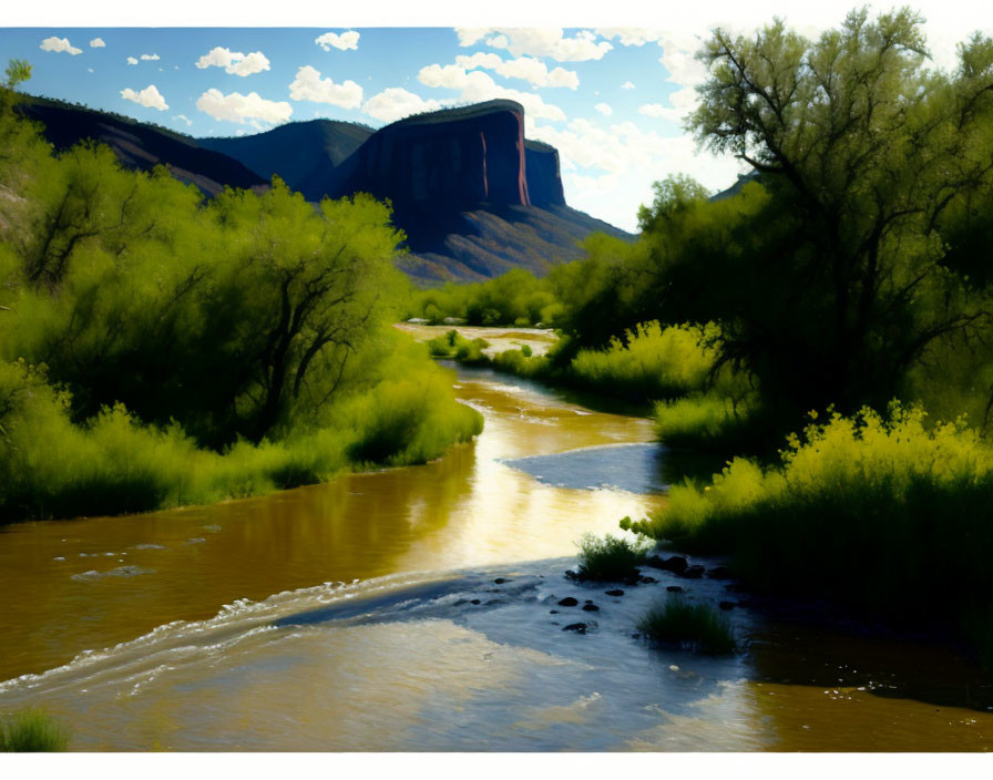 Scenic landscape with river, greenery, and mountain